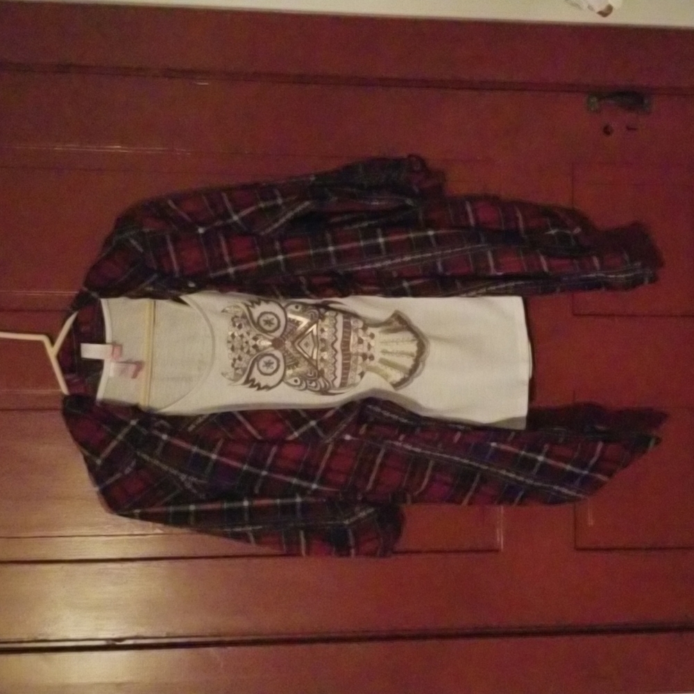 Owl Tank Top w/ Plaid Cardigan